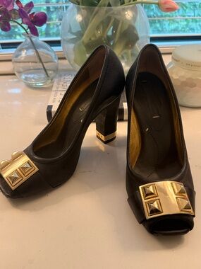 BCBGMaxAzria Black Peep-Toe Block Heels with Gold Hardware